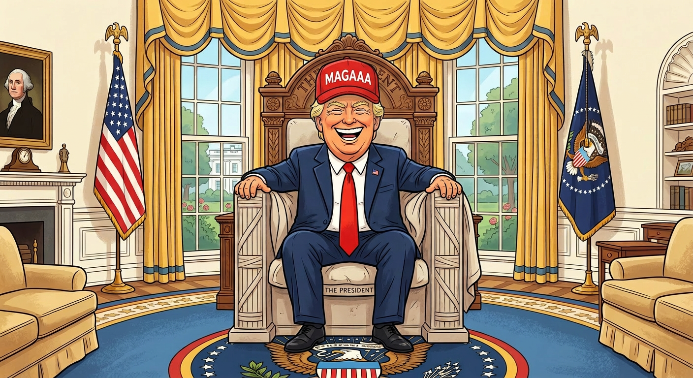 Satirical cartoon illustration of Donald Trump wearing a MAGAAA hat